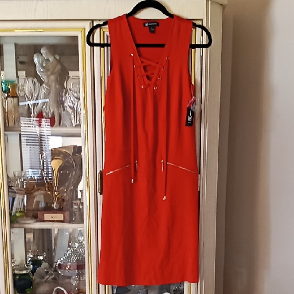 I.N.C Red Sleeveless Dress with Lace-Up Detail And Front Zipper Pockets. NWT. - Picture 1 of 13